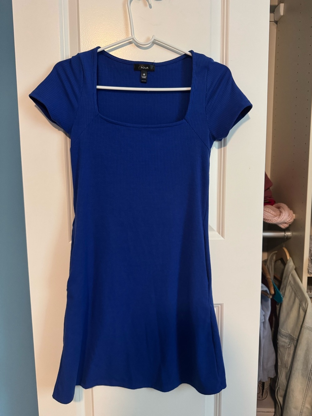Aqua Royal Blue Ribbed Square Neck Dress